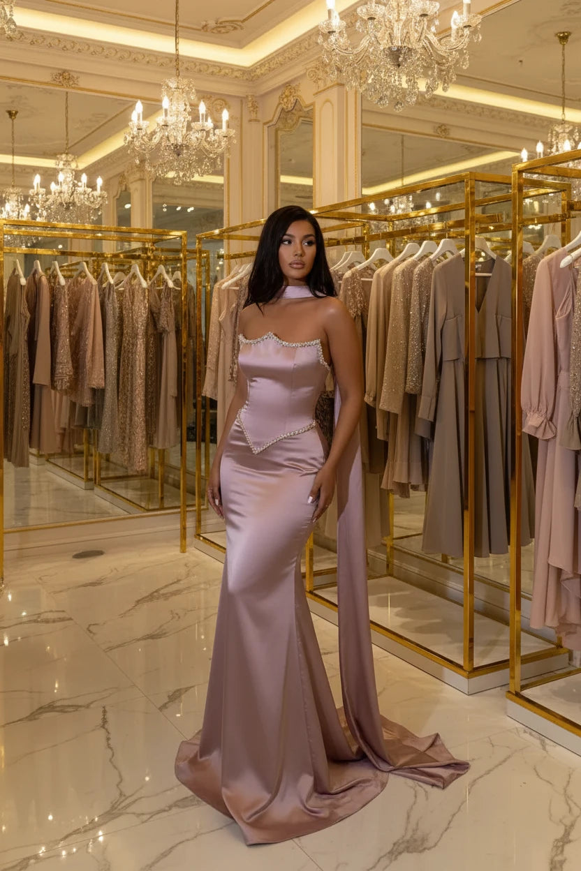Luxury Mermaid Evening Gown for Women | Satin Rhinestone Lace-Up Formal Dress