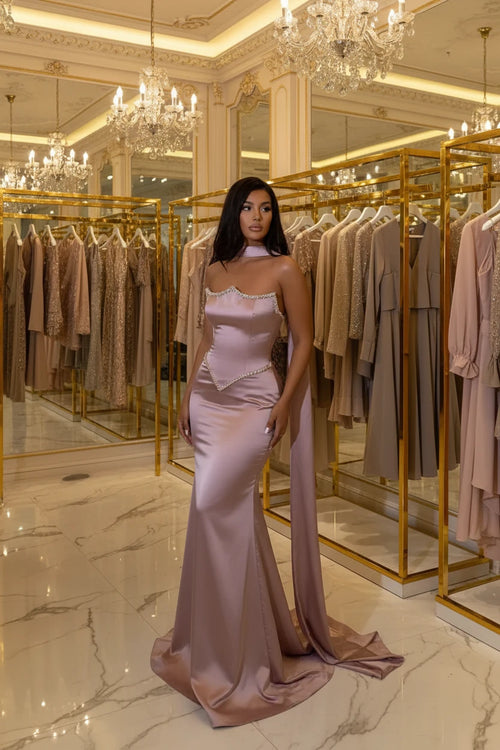 Luxury Mermaid Evening Gown for Women | Satin Rhinestone Lace-Up Formal Dress