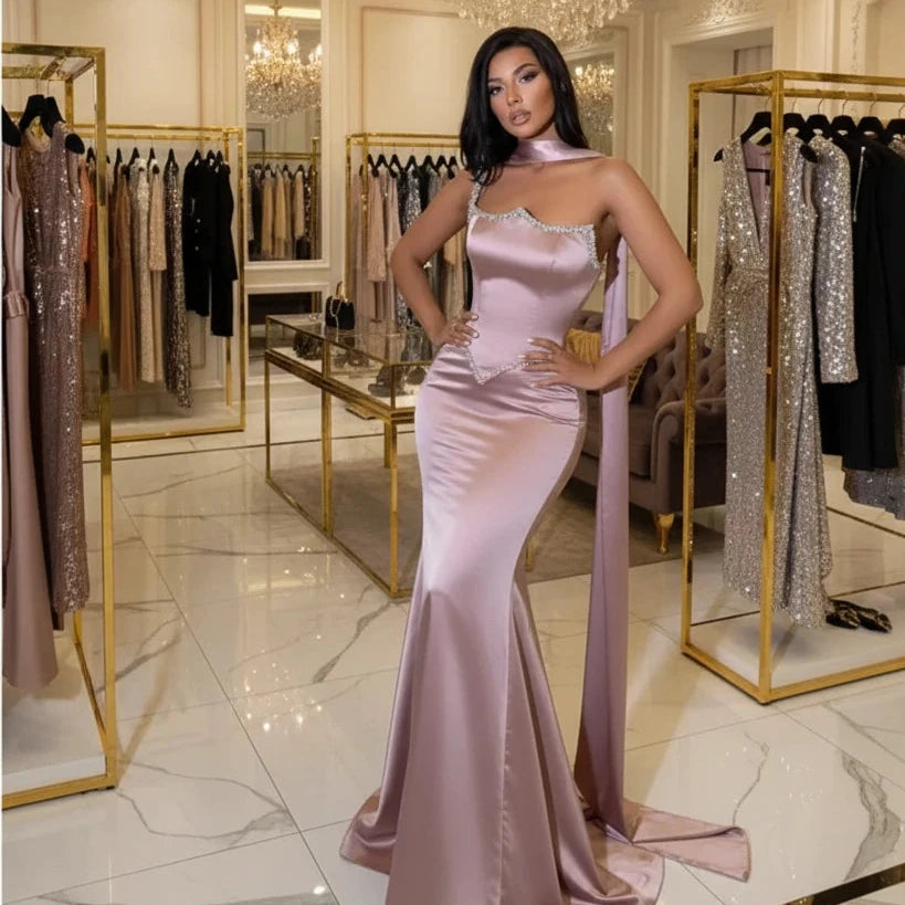 Luxury Mermaid Evening Gown for Women | Satin Rhinestone Lace-Up Formal Dress