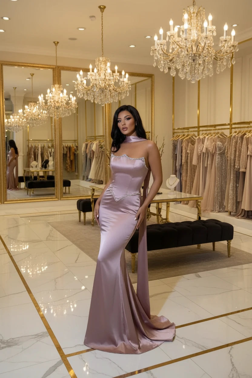 Luxury Mermaid Evening Gown for Women | Satin Rhinestone Lace-Up Formal Dress