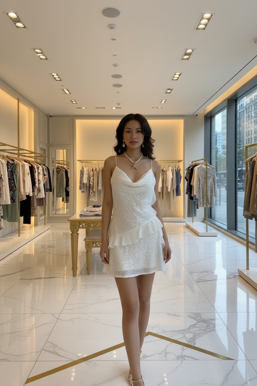 Luxury Boutique with Model in Sequin Dress